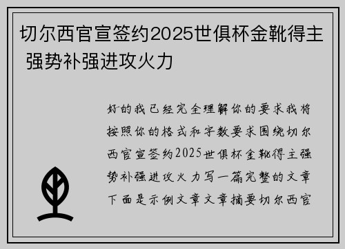 切尔西官宣签约2025世俱杯金靴得主 强势补强进攻火力